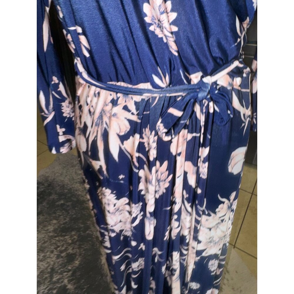 TriaTria Plus Size 1X Floral Navy Pink Maxi Wrap Dress 3/4 Sleeves Tie Waist - Picture 6 of 11